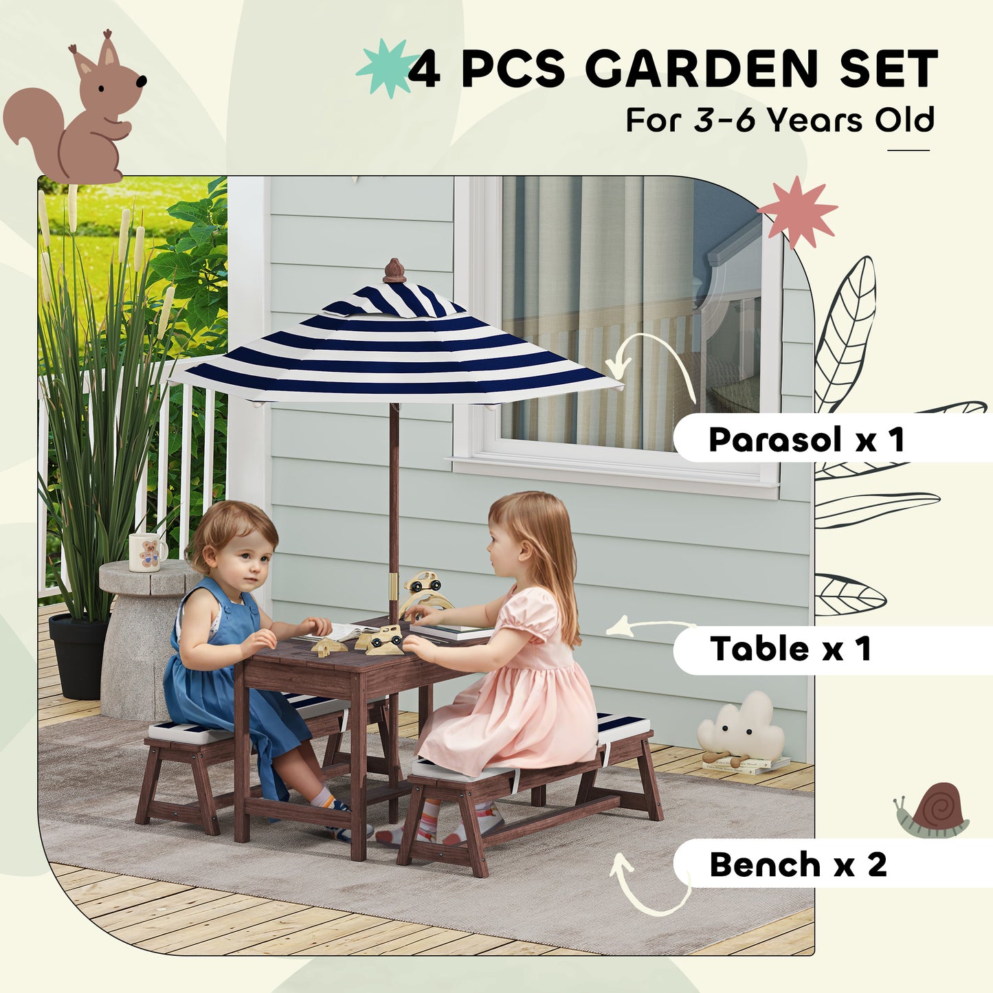 Little Play World SunHaven™ kids outdoor picnic table set with colorful bench seats for children’s outdoor play and dining.
