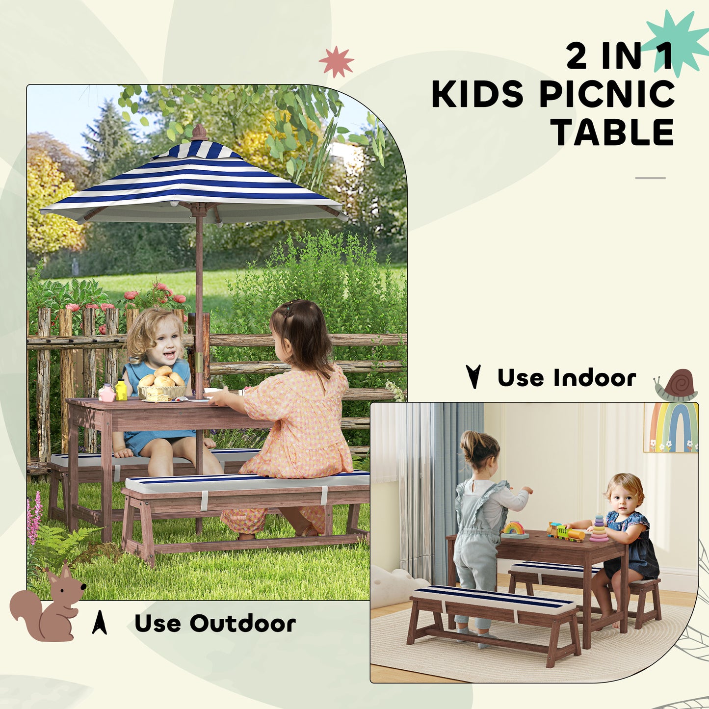Little Play World SunHaven™ kids outdoor picnic table set with two small chairs and table, perfect for outdoor play and snacks.