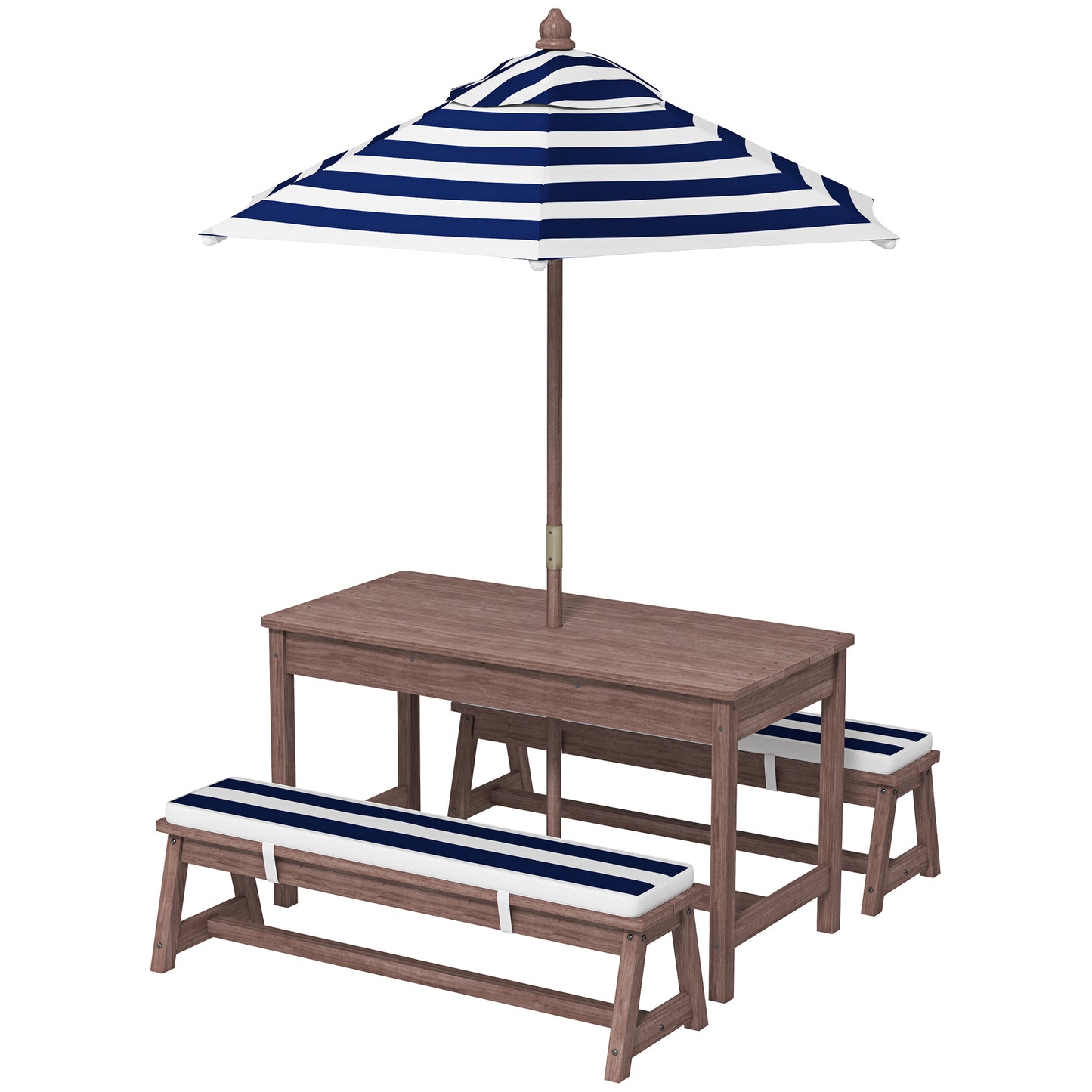 Little Play World SunHaven™ kids outdoor picnic table set with two small benches and colorful tabletop for outdoor play.