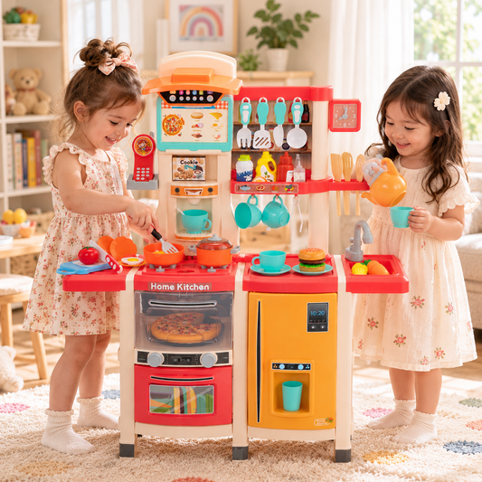 Little Play World Gather & Glow interactive kids play kitchen with colorful countertops, stove, and pretend appliances for imaginative play.