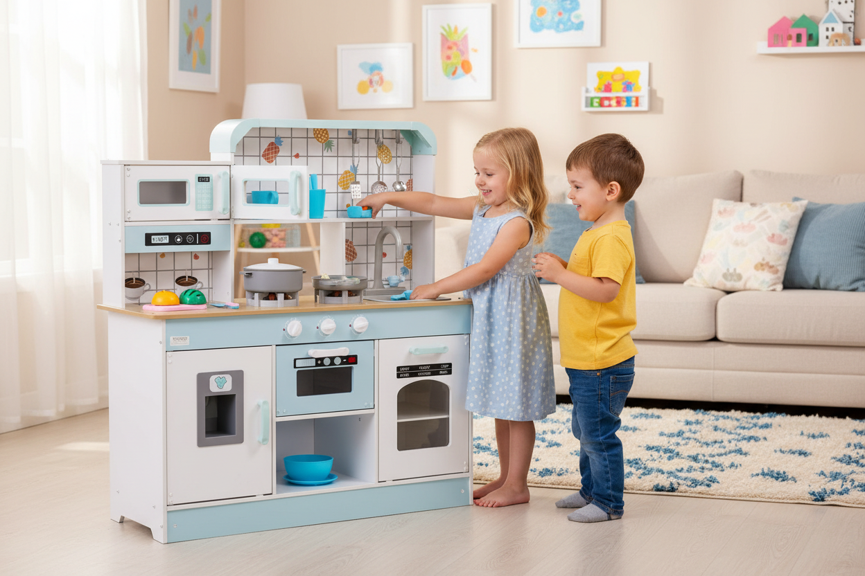 LittleChef™ kids play kitchen by Little Play World with pretend stove, sink, and storage for imaginative children's cooking play.