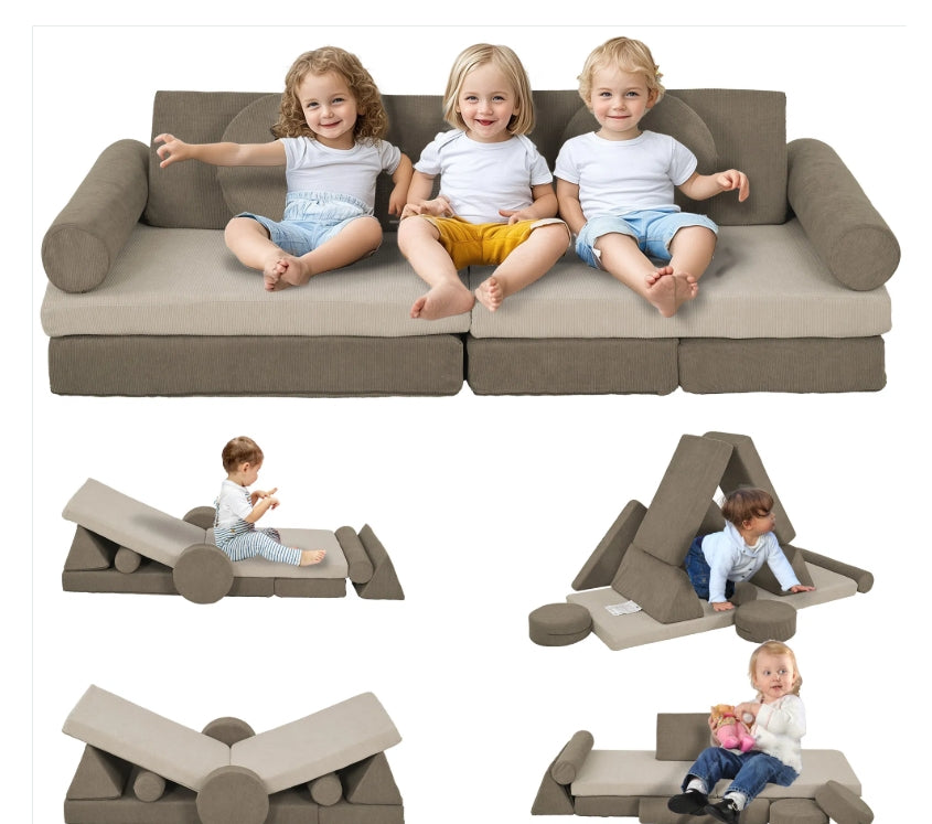 Children sitting on a transforming sofa with additional play features.