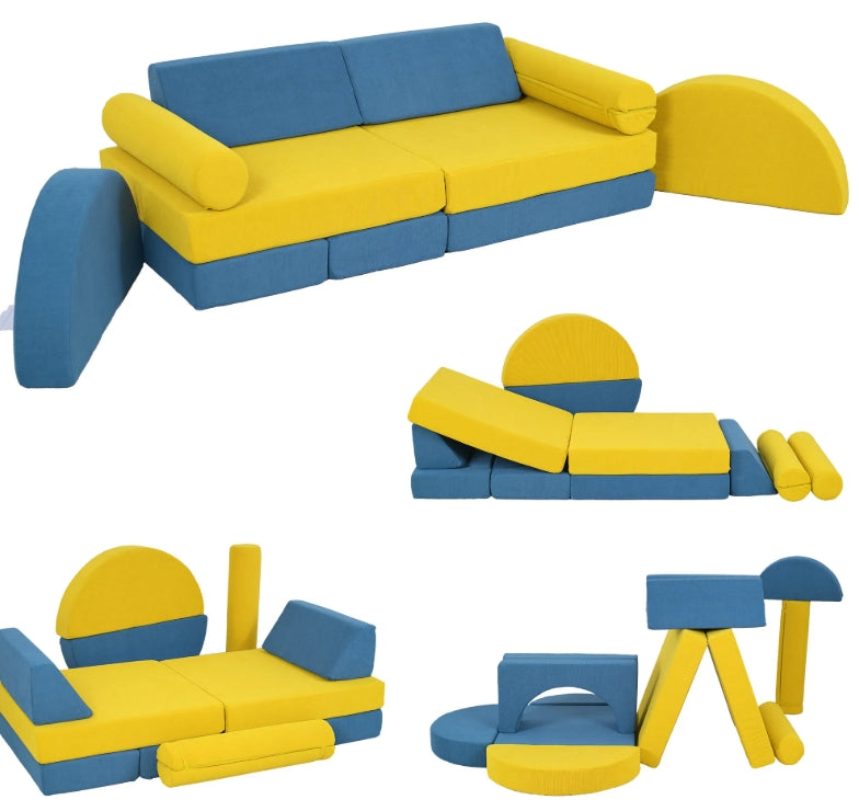 Blue and yellow modular play furniture set on a white background