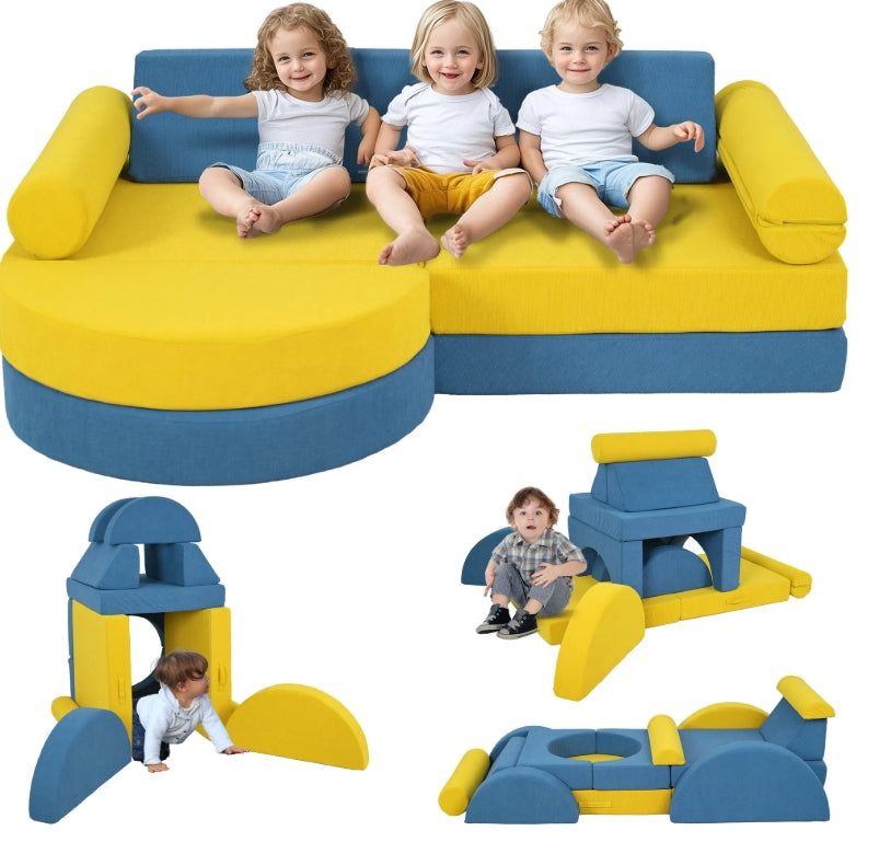 Children playing on a blue and yellow play couch with additional play structures.
