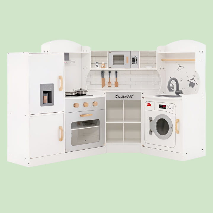Little Play World kids play kitchen set with stovetop, icemaker, faucet, and realistic sounds, featuring a wooden corner design.