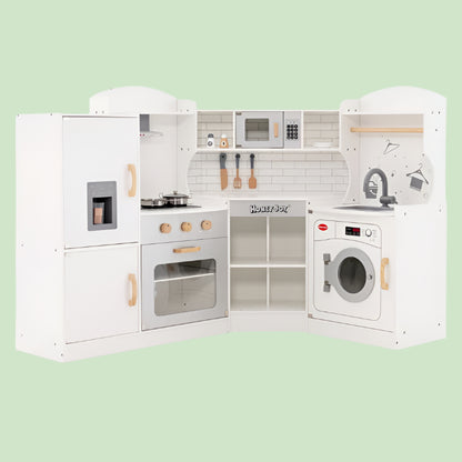 Little Play World kids play kitchen set with stovetop, icemaker, faucet, and realistic sounds, featuring a wooden corner design.