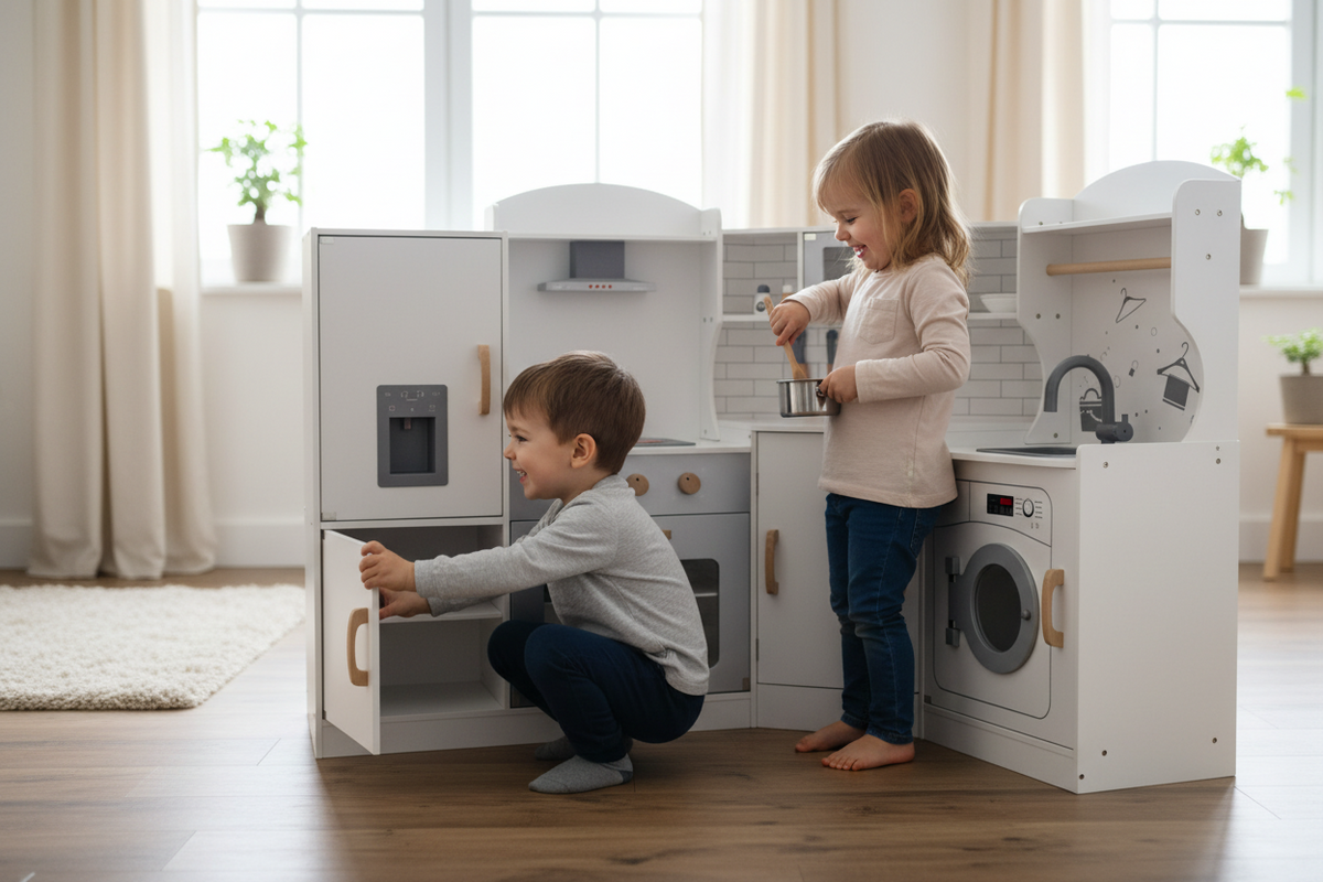 Two children playing with a white toy kitchen set in a bright room with wood floors and large windows. One child is crouching and opening a cabinet door, while the other stands beside the stove and sink area.