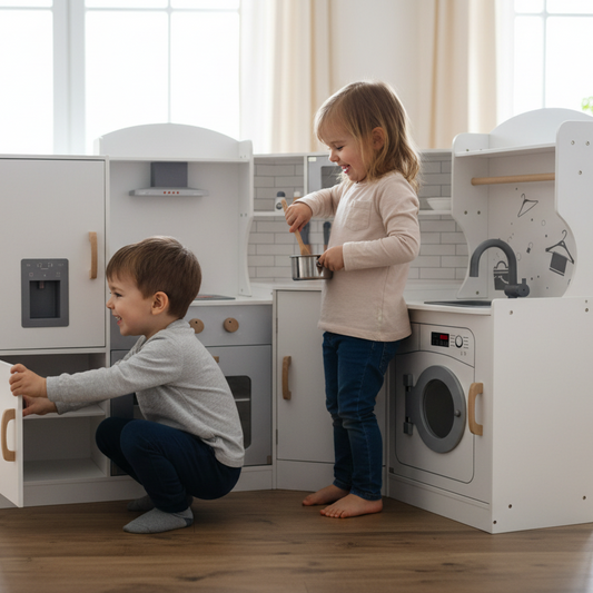 Two children playing with a white wooden toy kitchen set in a bright room. One child stands at the sink holding a small pot, and the other crouches by an open refrigerator cabinet.