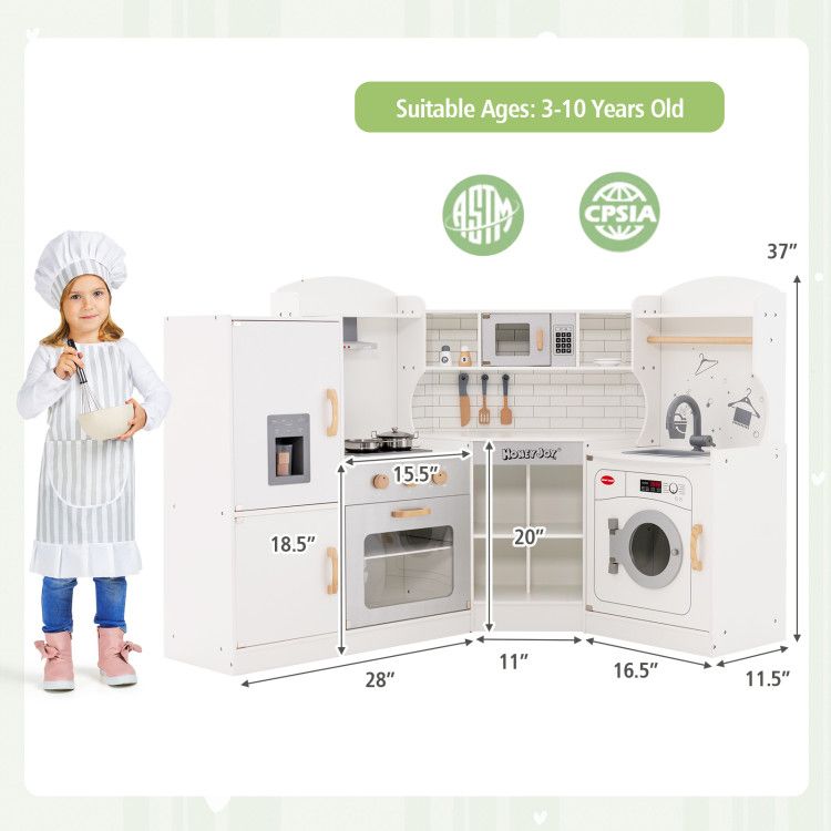 Little Play World kids corner play kitchen set with wooden design, icemaker, stovetop, faucet, and realistic sounds for pretend play.