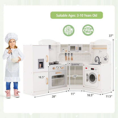 Little Play World kids corner play kitchen set with wooden design, icemaker, stovetop, faucet, and realistic sounds for pretend play.