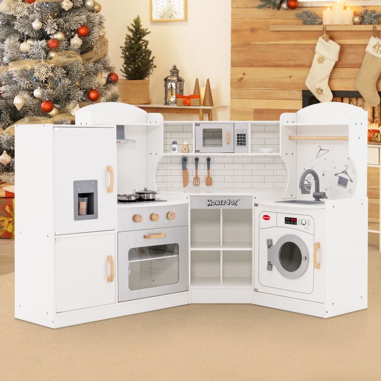 Little Play World kids' corner play kitchen set with icemaker, stovetop, faucet, and realistic sounds for pretend cooking fun.