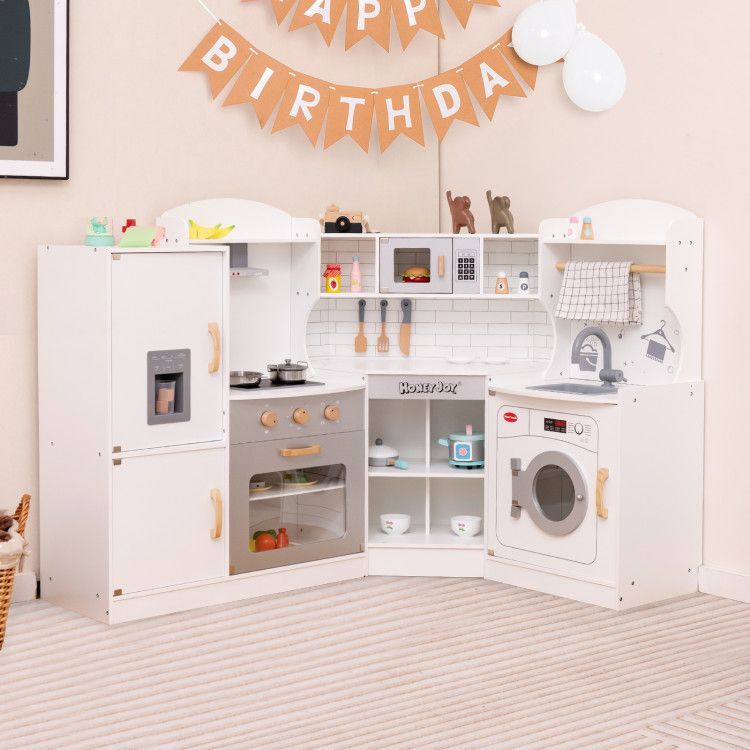 Little Play World kids play kitchen set with ice maker, stovetop, faucet, and realistic sounds in a wooden corner design.