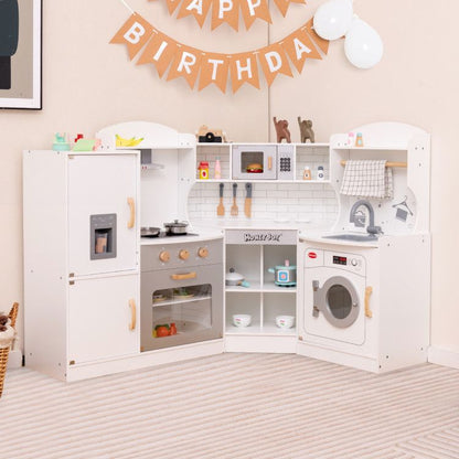 Little Play World kids play kitchen set with ice maker, stovetop, faucet, and realistic sounds in a wooden corner design.