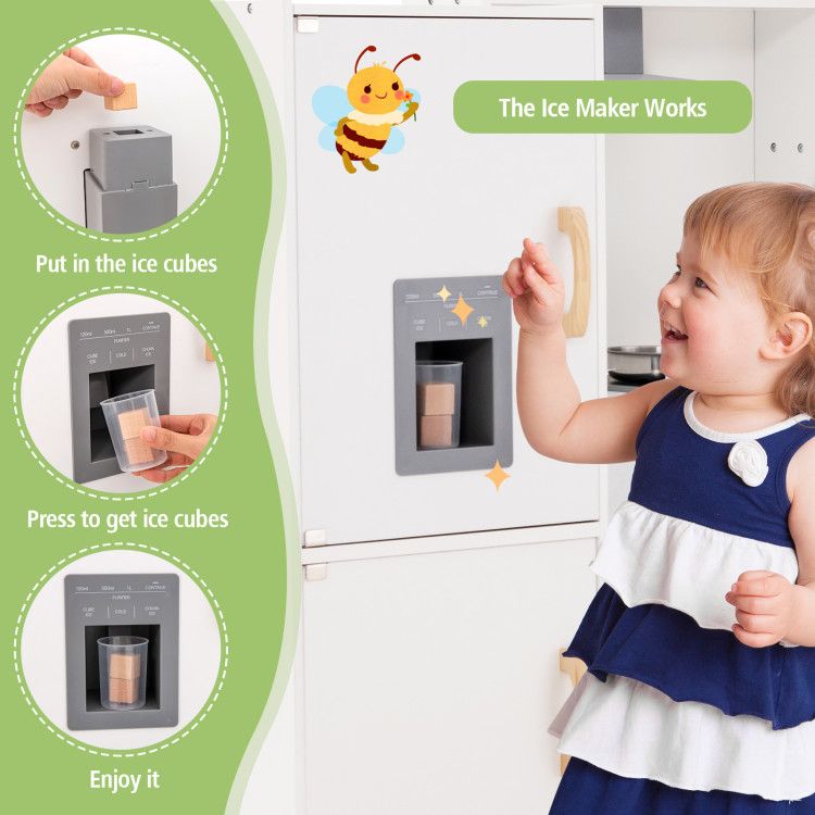 Little Play World kids corner play kitchen set with stovetop, icemaker, faucet, and realistic sounds, designed for imaginative play.