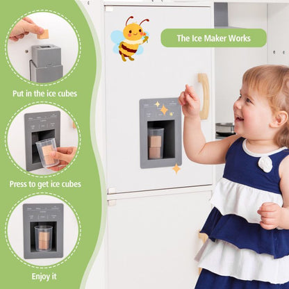 Little Play World kids corner play kitchen set with stovetop, icemaker, faucet, and realistic sounds, designed for imaginative play.