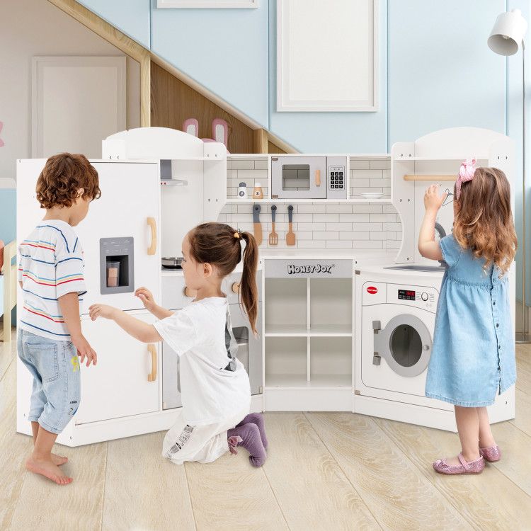 Little Play World deluxe kids play kitchen set featuring a wooden design, stovetop, icemaker, faucet, and realistic sound effects.