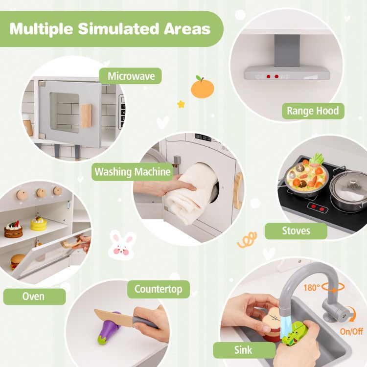 Little Play World kids play kitchen set with ice maker, stovetop, faucet, and realistic sounds in a wooden corner design.