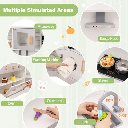 Little Play World kids play kitchen set with ice maker, stovetop, faucet, and realistic sounds in a wooden corner design.