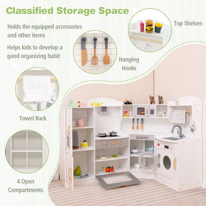 Deluxe Little Play World kids corner play kitchen set with icemaker, stovetop, faucet, and realistic sound features.