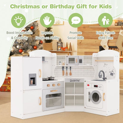 Little Play World kids corner play kitchen set with ice maker, stovetop, faucet, and realistic sounds in a wooden design.