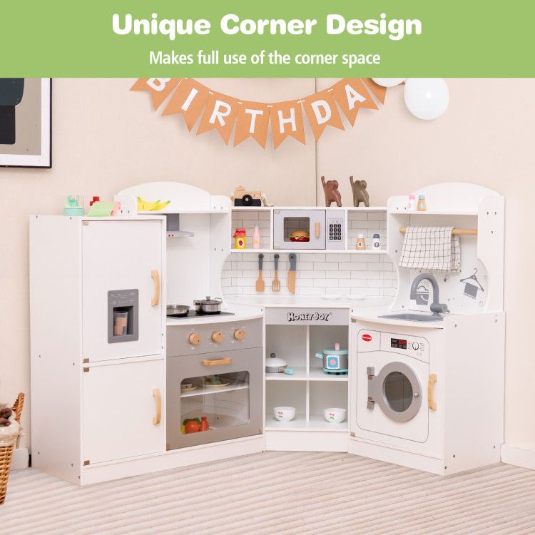 Little Play World kids corner play kitchen set featuring a wooden design, icemaker, stovetop, faucet, and realistic sound effects.