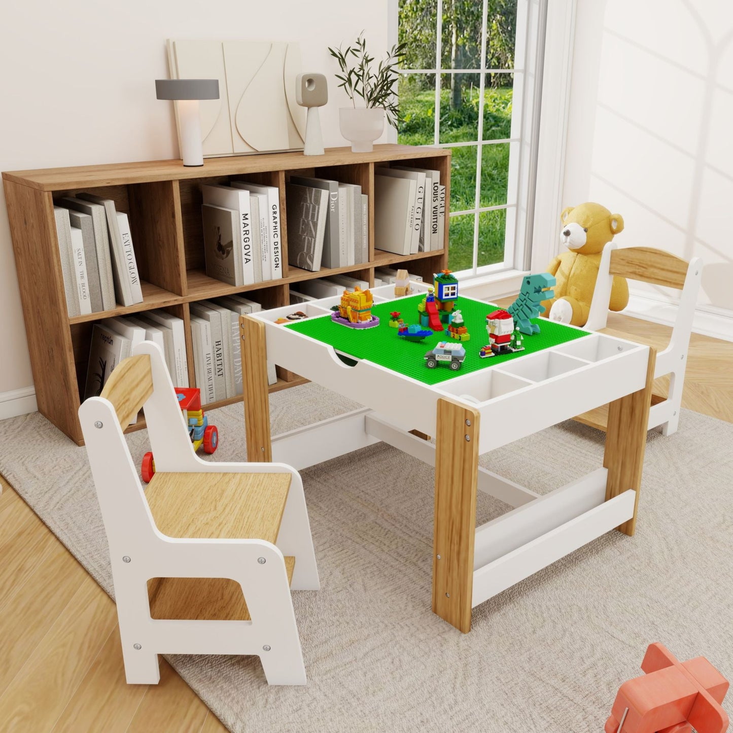 Kids activity table and chair set by Little Play World with a building block compatible surface for arts and crafts in a playroom setting.