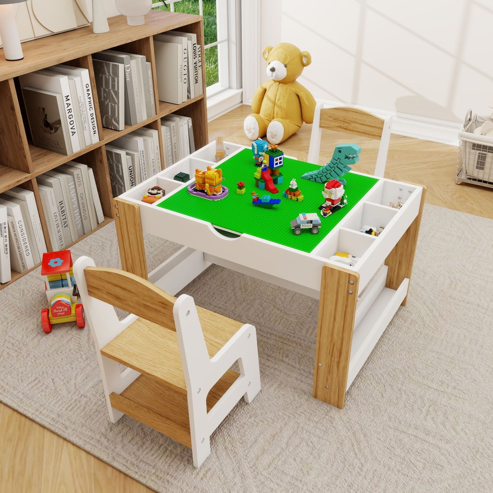 Little Play World kids activity table and chair set with building block compatible surface, perfect for arts and crafts in playroom.