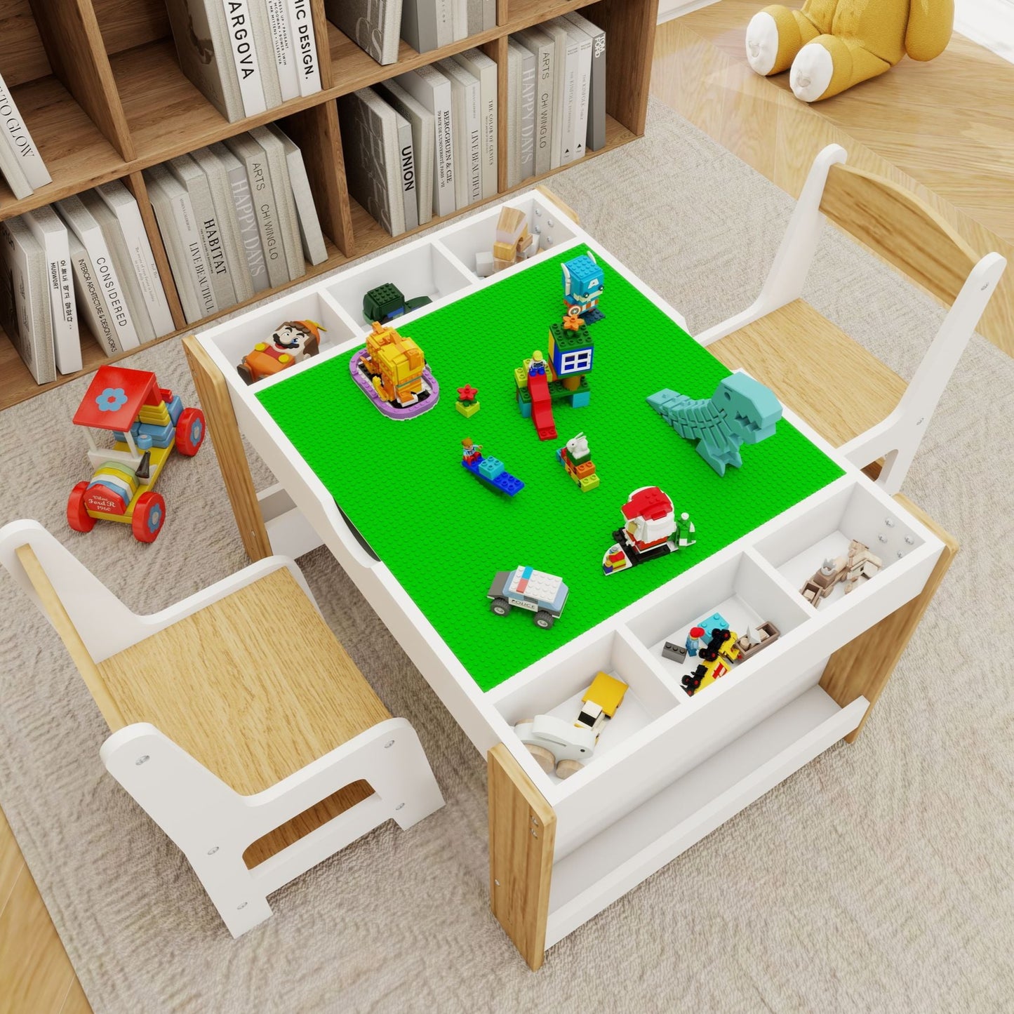 Kids activity table and chair set by Little Play World with a building block compatible surface for arts and crafts play.