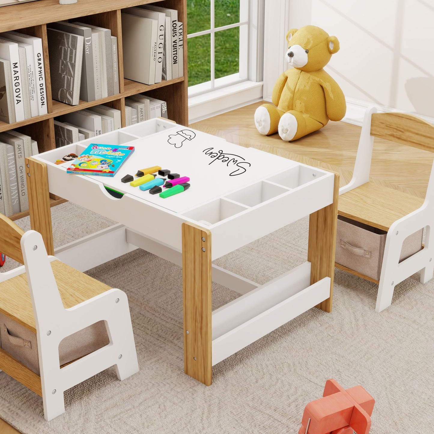 Little Play World kids activity table and chair set with building block-compatible surface for arts and crafts playroom use.