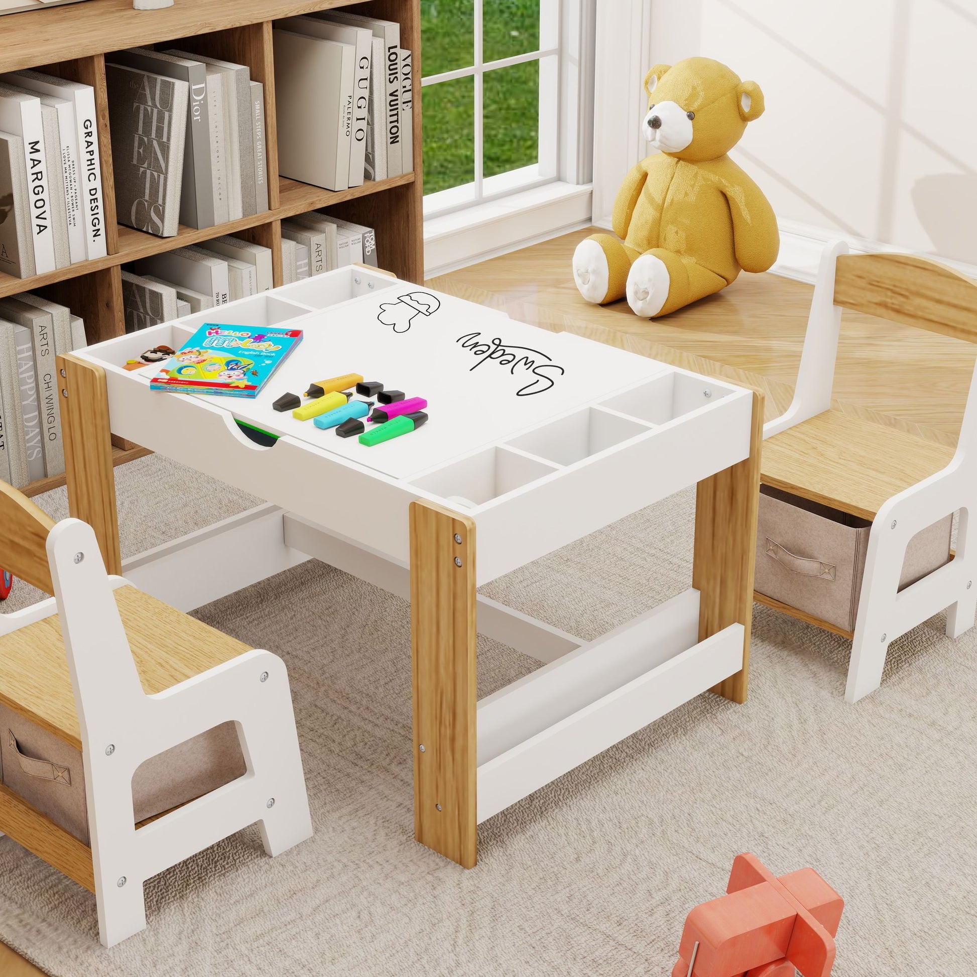 Little Play World kids activity table and chair set with building block-compatible surface for arts and crafts playroom use.