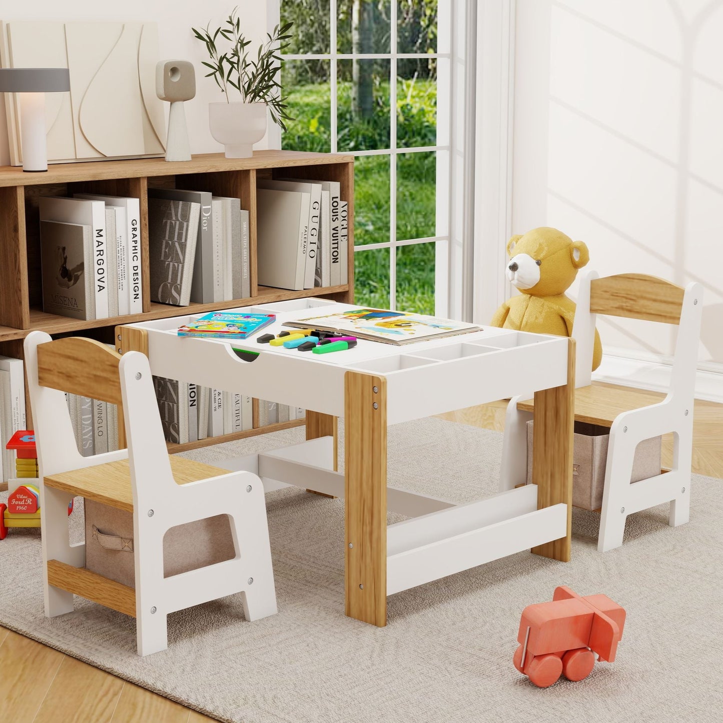Little Play World kids activity table and chair set with building block compatible surface for arts, crafts, and play.