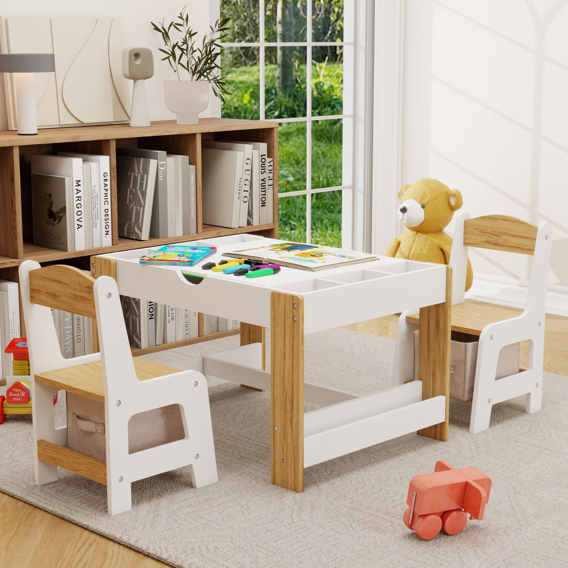 Little Play World kids activity table and chair set with building block compatible surface for arts, crafts, and play.