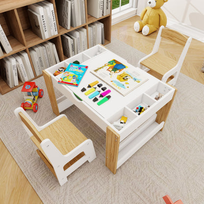 Little Play World kids activity table and chair set with building block-compatible surface for arts and crafts in a playroom.