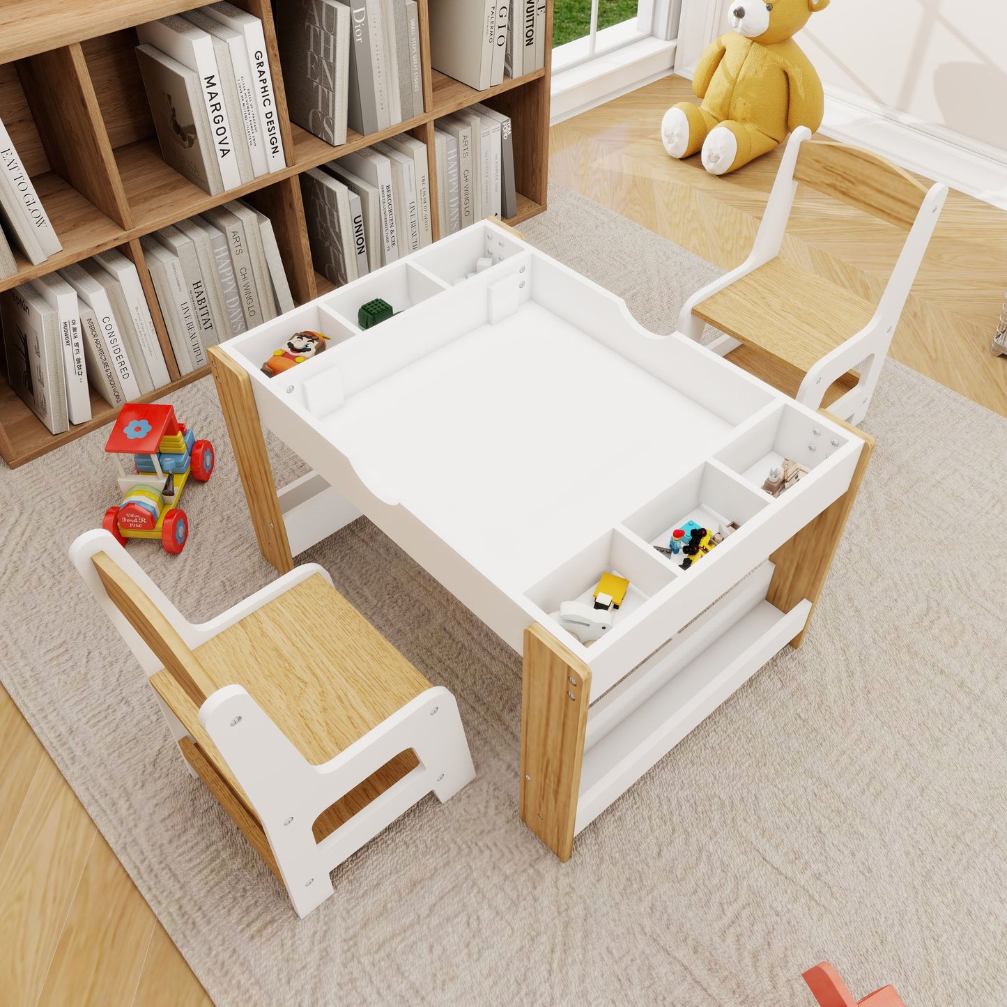 Little Play World kids activity table and chair set with building block compatible surface for arts and crafts in a playroom.
