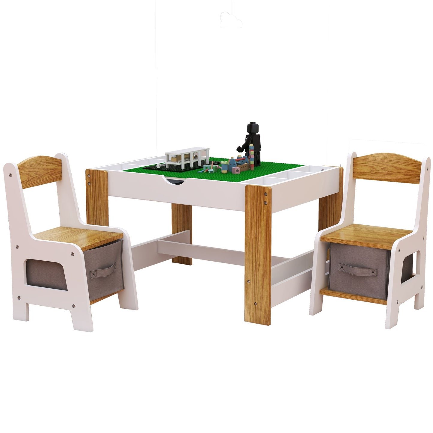 Little Play World kids activity table and chair set with building block compatible surface for arts and crafts in a playroom.