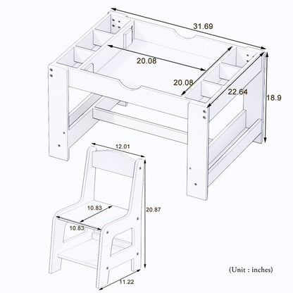 Little Play World kids activity table and chair set with building block compatible surface for arts and crafts in a playroom.