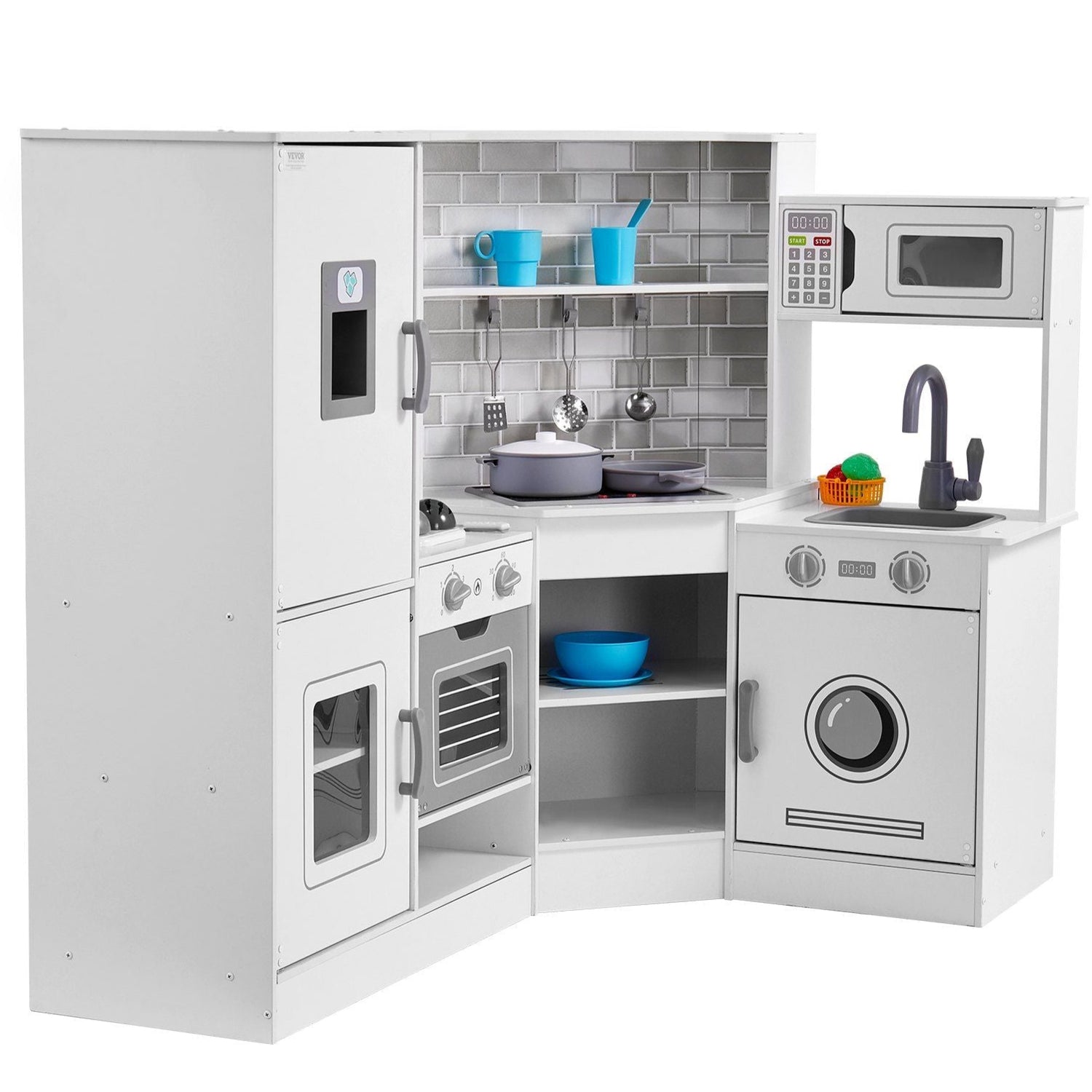MiniChef™ Deluxe Wooden Corner Play Kitchen by Little Play World with lights, sounds, and a 24-piece cookware set.