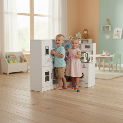 Little Play World MiniChef Deluxe wooden corner play kitchen with lights, sounds, and cookware set