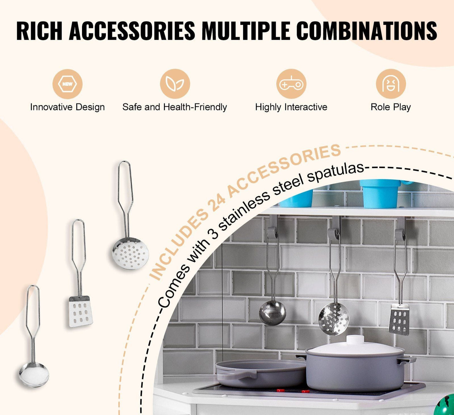 MiniChef™ Deluxe Wooden Corner Play Kitchen by Little Play World with lights, sounds, and a 24-piece cookware set for kids.