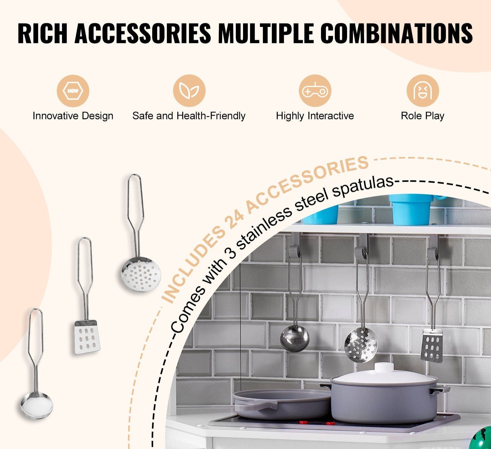 MiniChef™ Deluxe Wooden Corner Play Kitchen by Little Play World with lights, sounds, and a 24-piece cookware set for kids.