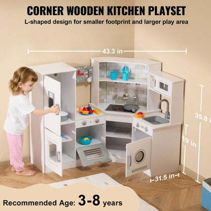 MiniChef™ Deluxe Wooden Corner Play Kitchen by Little Play World with lights, sounds, and a 24-piece cookware set.