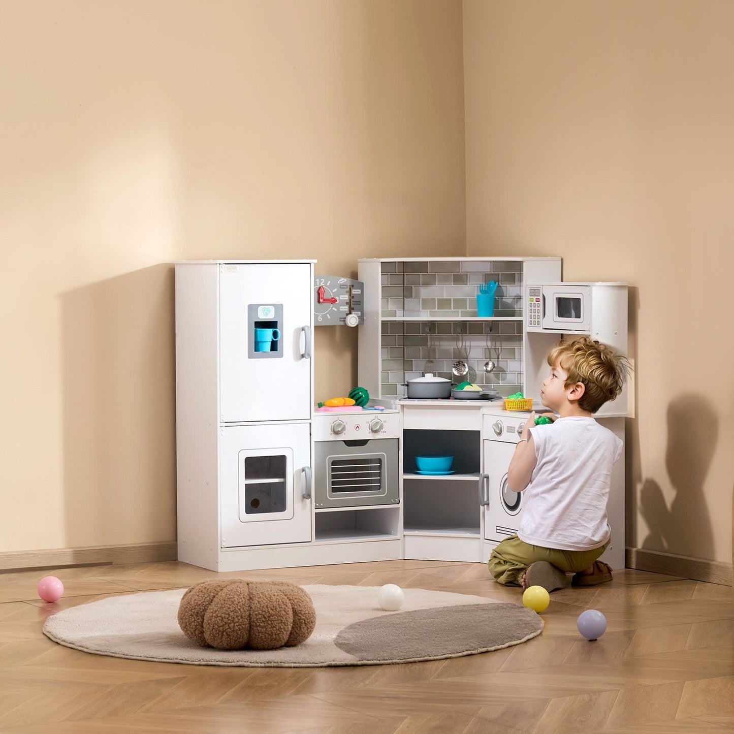 MiniChef™ Deluxe Wooden Corner Play Kitchen by Little Play World with lights, sounds, and a 24-piece cookware set