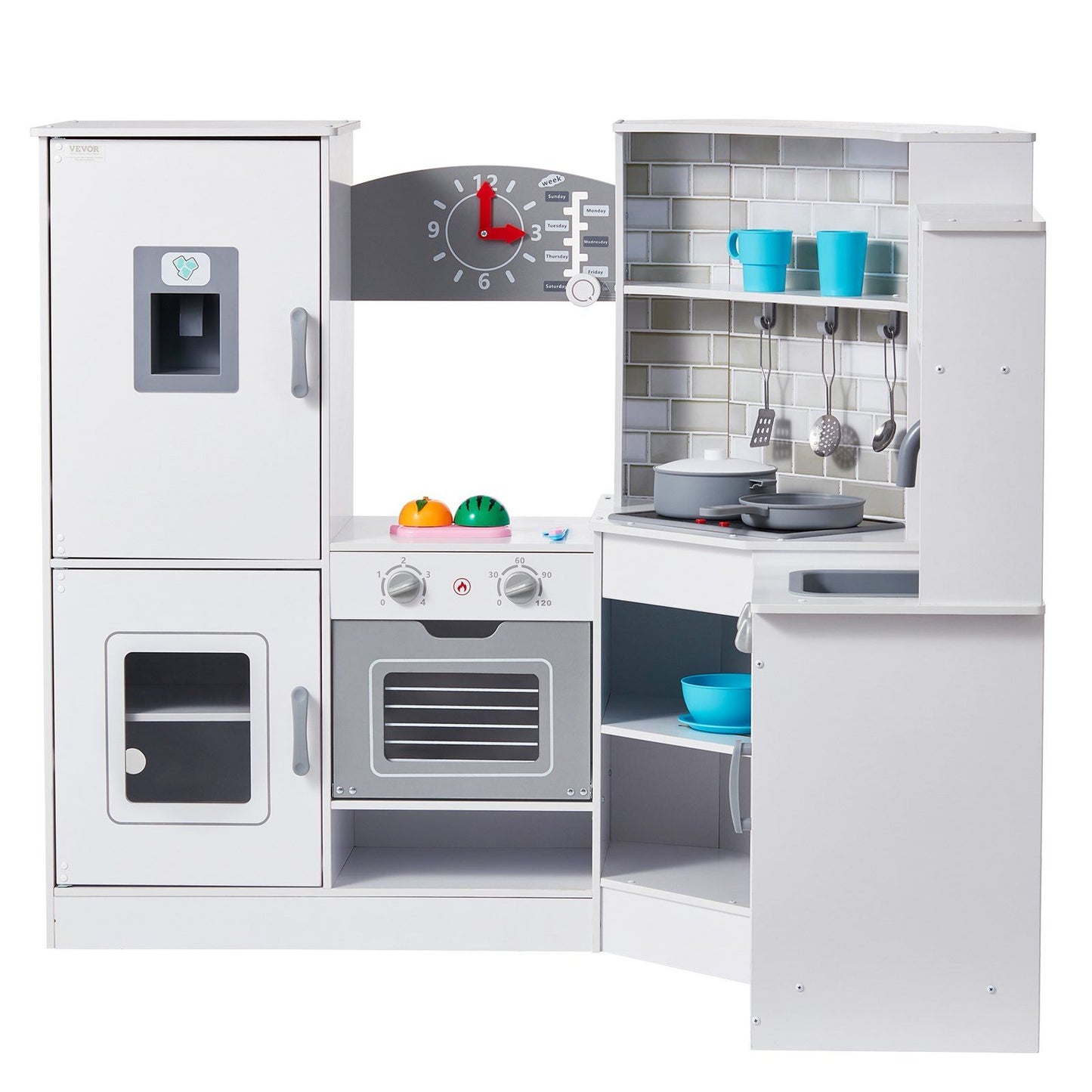 MiniChef™ Deluxe Wooden Corner Play Kitchen by Little Play World with lights, sounds, and a 24-piece cookware set.