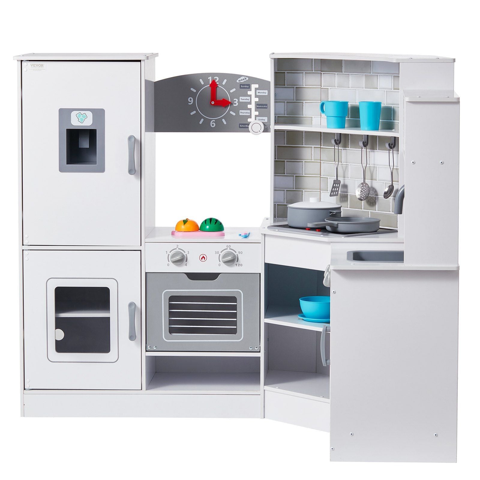 MiniChef™ Deluxe Wooden Corner Play Kitchen by Little Play World with lights, sounds, and a 24-piece cookware set.