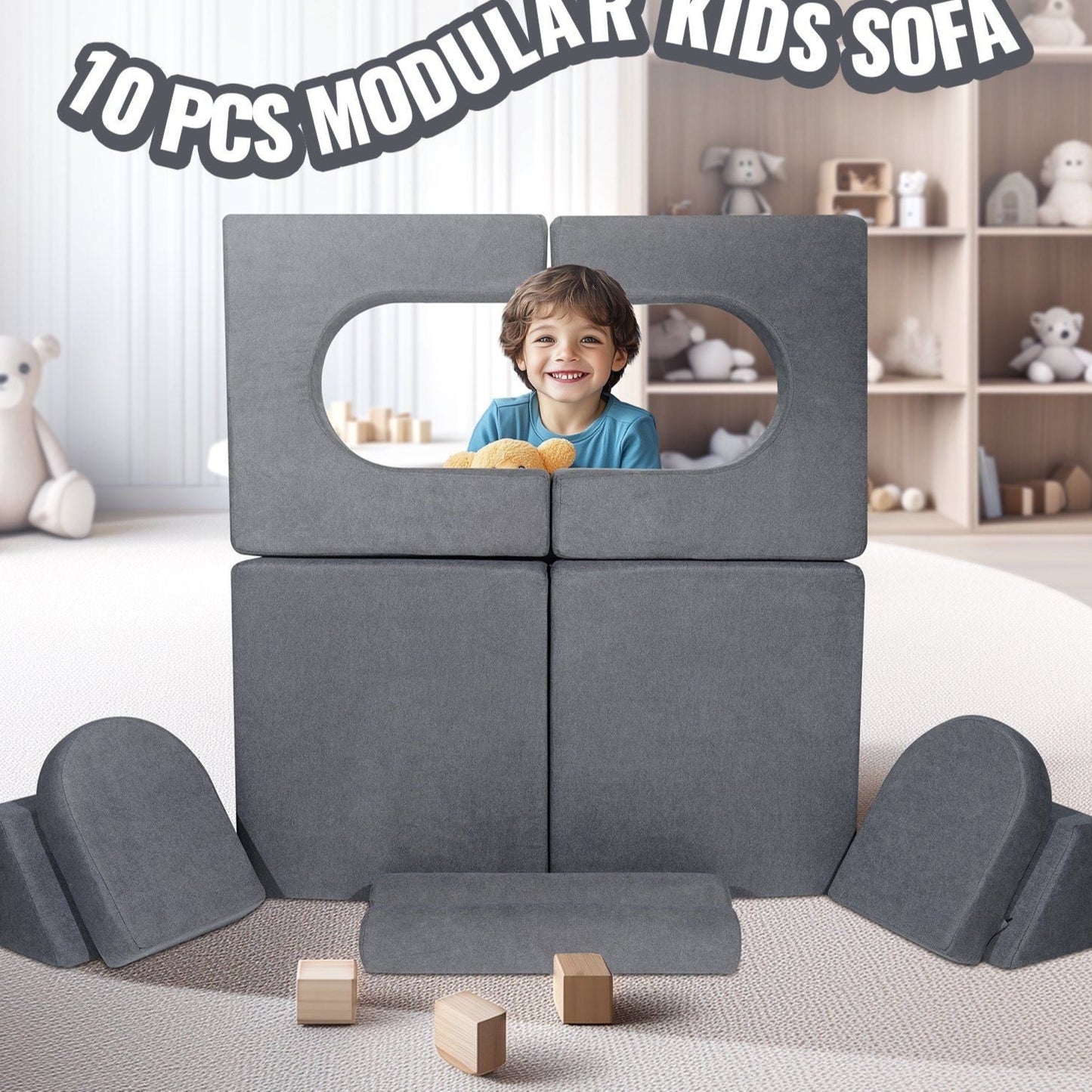 Little Play World CozyCraft™ Kids Play Couch, toddler sofa and bed, modular play couch for children with soft fabric and colorful design.
