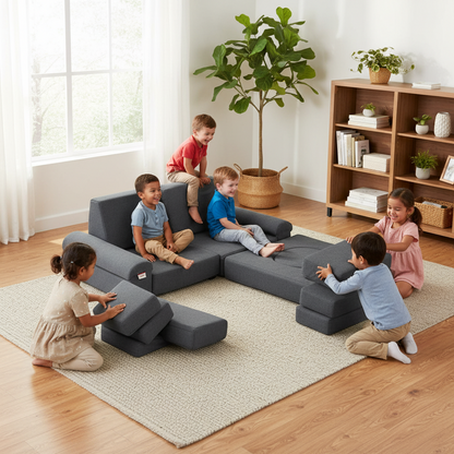 Little Play World CozyCraft™ Kids Play Couch, toddler sofa and modular play couch for children, shown in a colorful play area