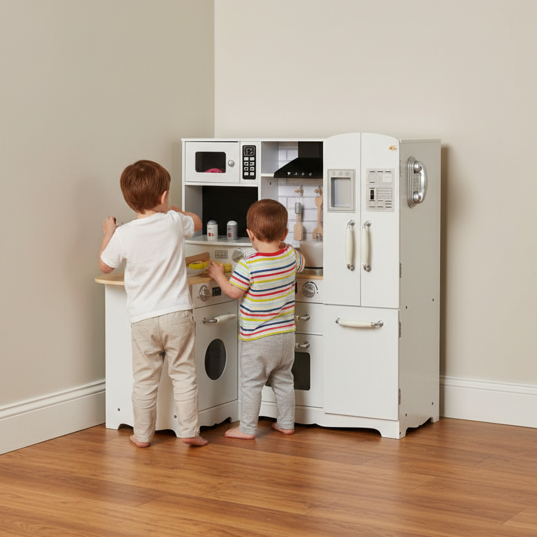 Two children playing with a toy kitchen set in a room with wooden flooring and beige walls.