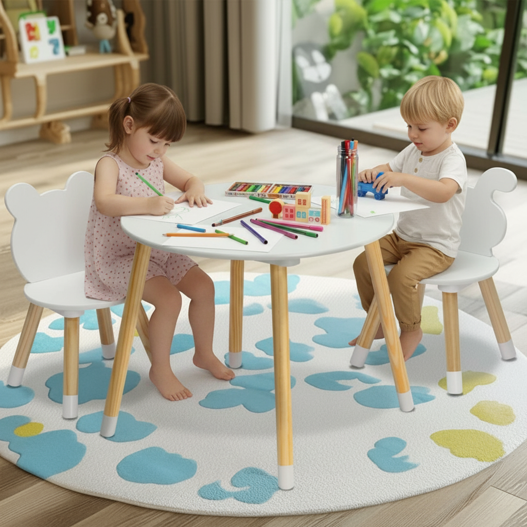 Doba kids table and chair set from Forest Collections, featuring an adorable art play and game table with matching chairs made from premium materials.