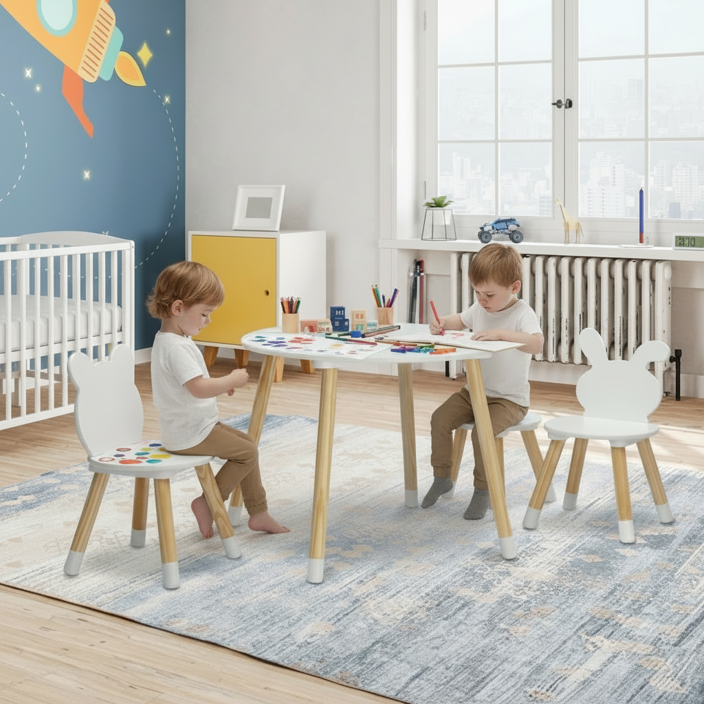 Doba kids table and chair set from Forest Collections, featuring a playful, child-sized art and game table with matching chairs.