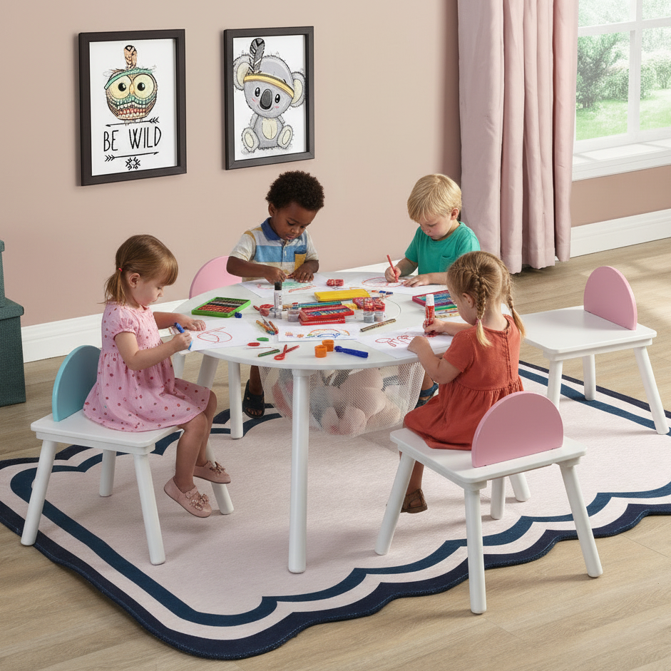 LittleHaven™ 5-piece wooden toddler activity table and chair set by Little Play World, with colorful surface for play, crafts, and reading.